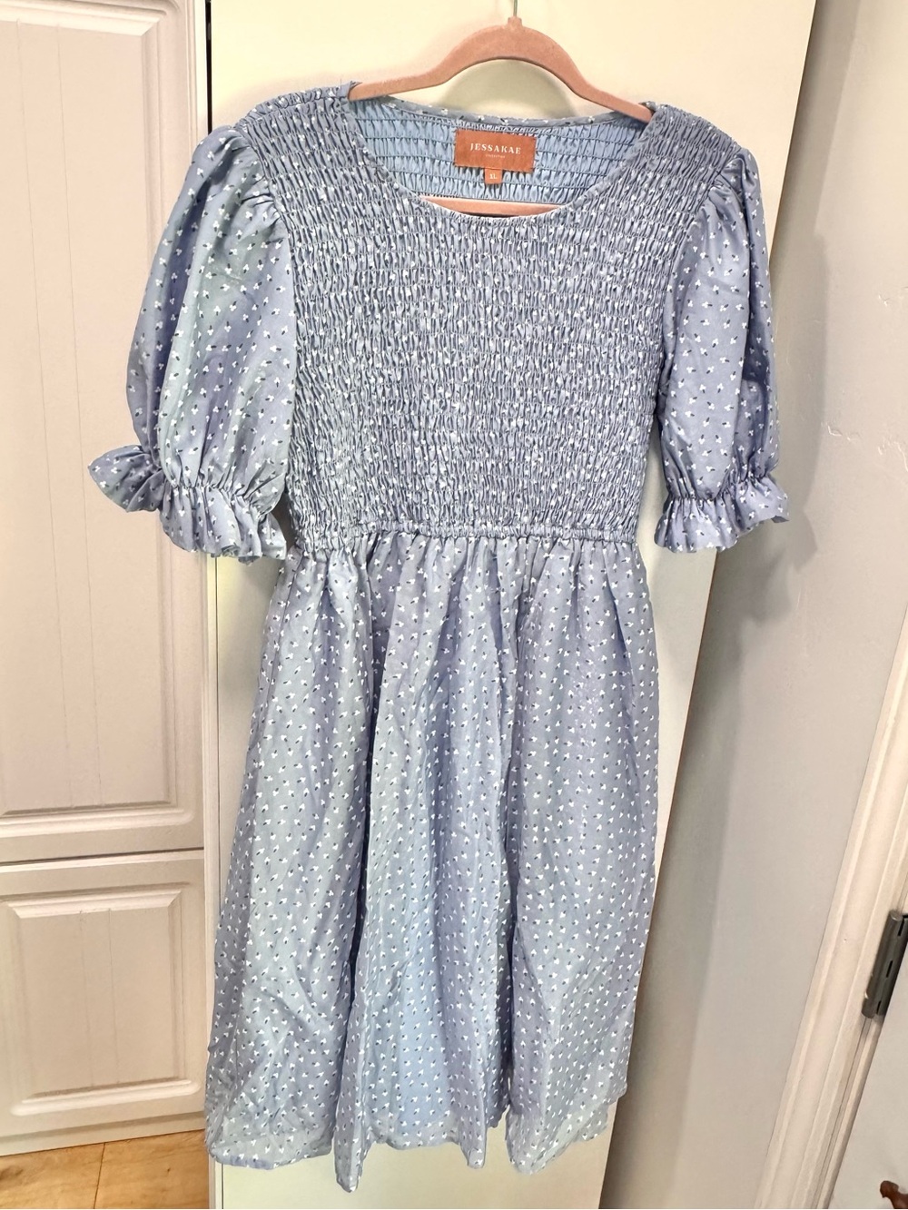 JESSAKAE Light Blue Smocked Puff Sleeve Dress
